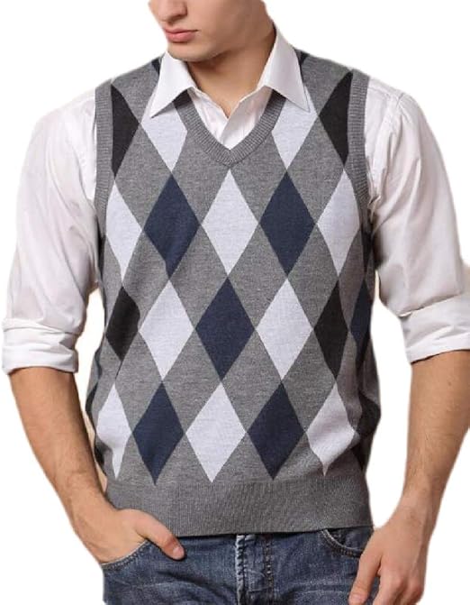 Amazon Gawaga メンズカジュアルvネックノースリーブスリムフィットアーガイルニットセーターベスト Grey S セーター 通販