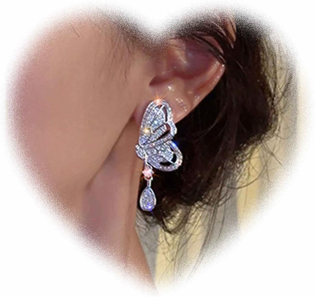 W WEILIRIAN Bohemian Crystal Butterfly Earrings Cz Butterfly Stud Earrings Teardrop Rhinestone Dangle Earrings Butterfly Shape Earrings Jewelry for Women