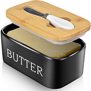 AISBUGUR Ceramic Butter Dish with Lid & Knife - Large Black Countertop Keeper for Fresh Butter, Kitchen Decor Gift