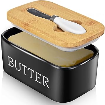 Ceramic Butter Dish with Lid and Knife & Silicone Seal for Countertop Black | Suitable Capacity, Great Sealing, Home Decor Kitchen Gift Housewarming Gift