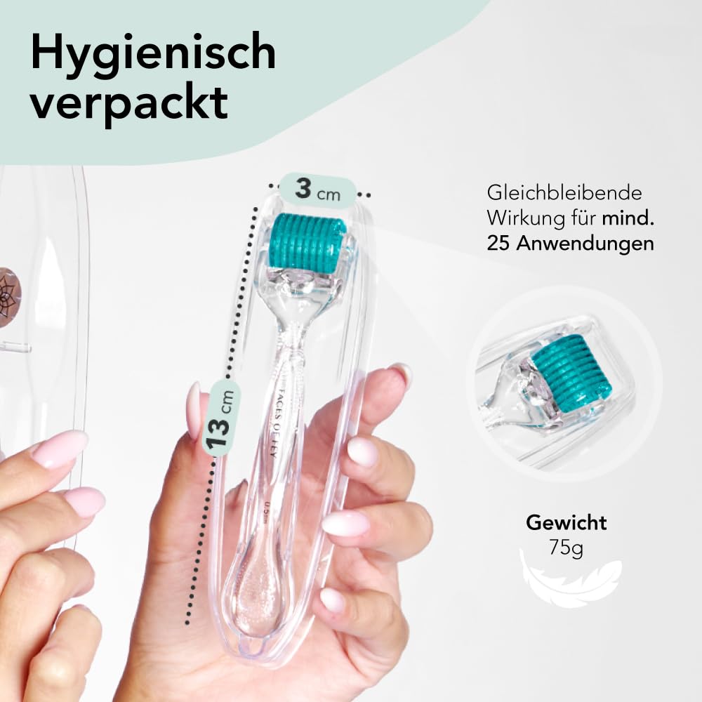 Dermaroller 0,5mm ECHTE Nadeln - Microneedling Anti Aging System 1 Monat - gegen Falten & schlaffe Haut - Zornesfalte, Strinfalten, Augenfalten, Nasolabialfalten, Mundfalten - FACES OF FEY