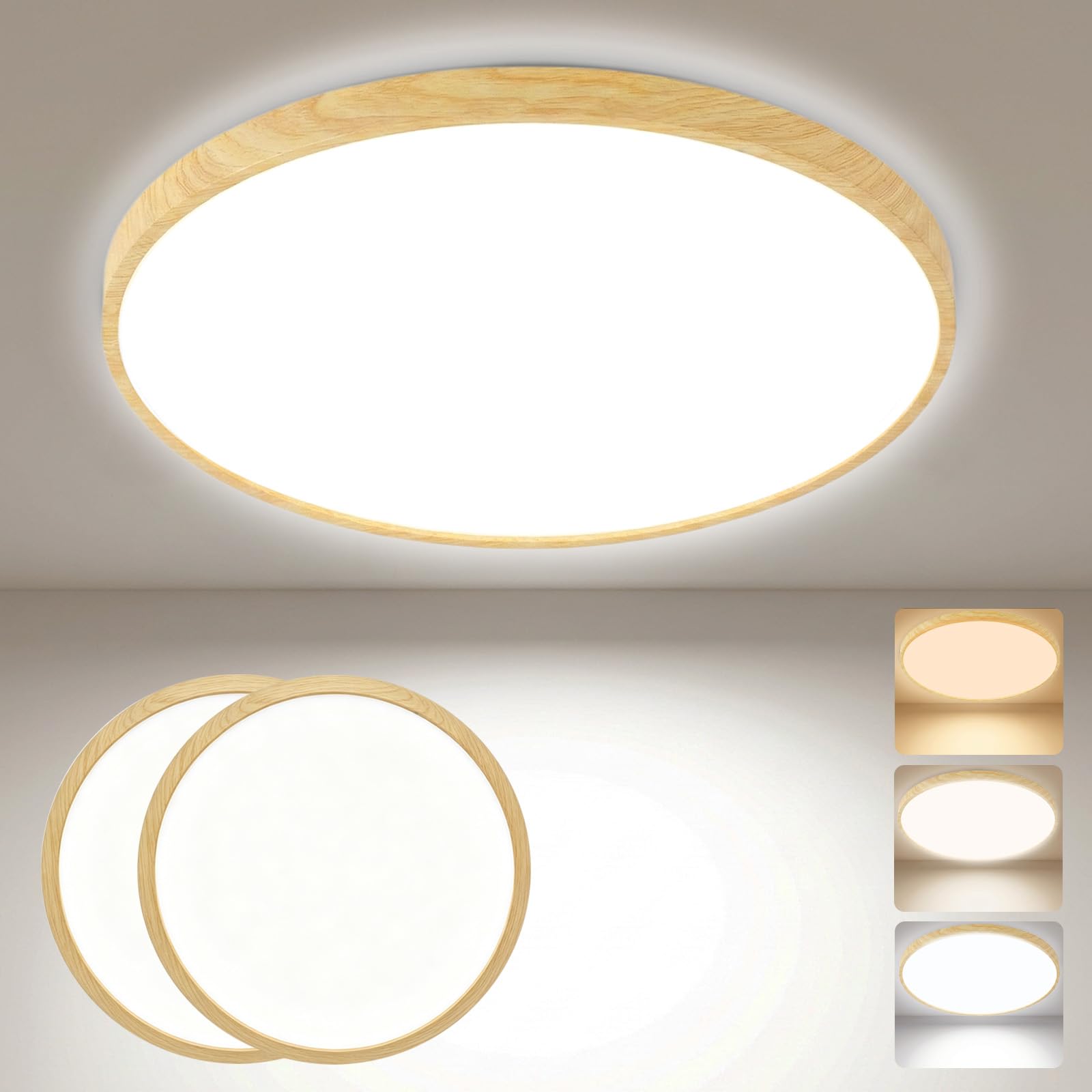 Fynokst 29CM LED Ceiling Light 24W 3200LM, 3000K/4000K/6500K 3 Color Temperature, IP54 Waterproof Bathroom Light, Modern Round LED Bathroom Light for Bedroom, Kitchen, Hallway, Wood Grain 2Pack