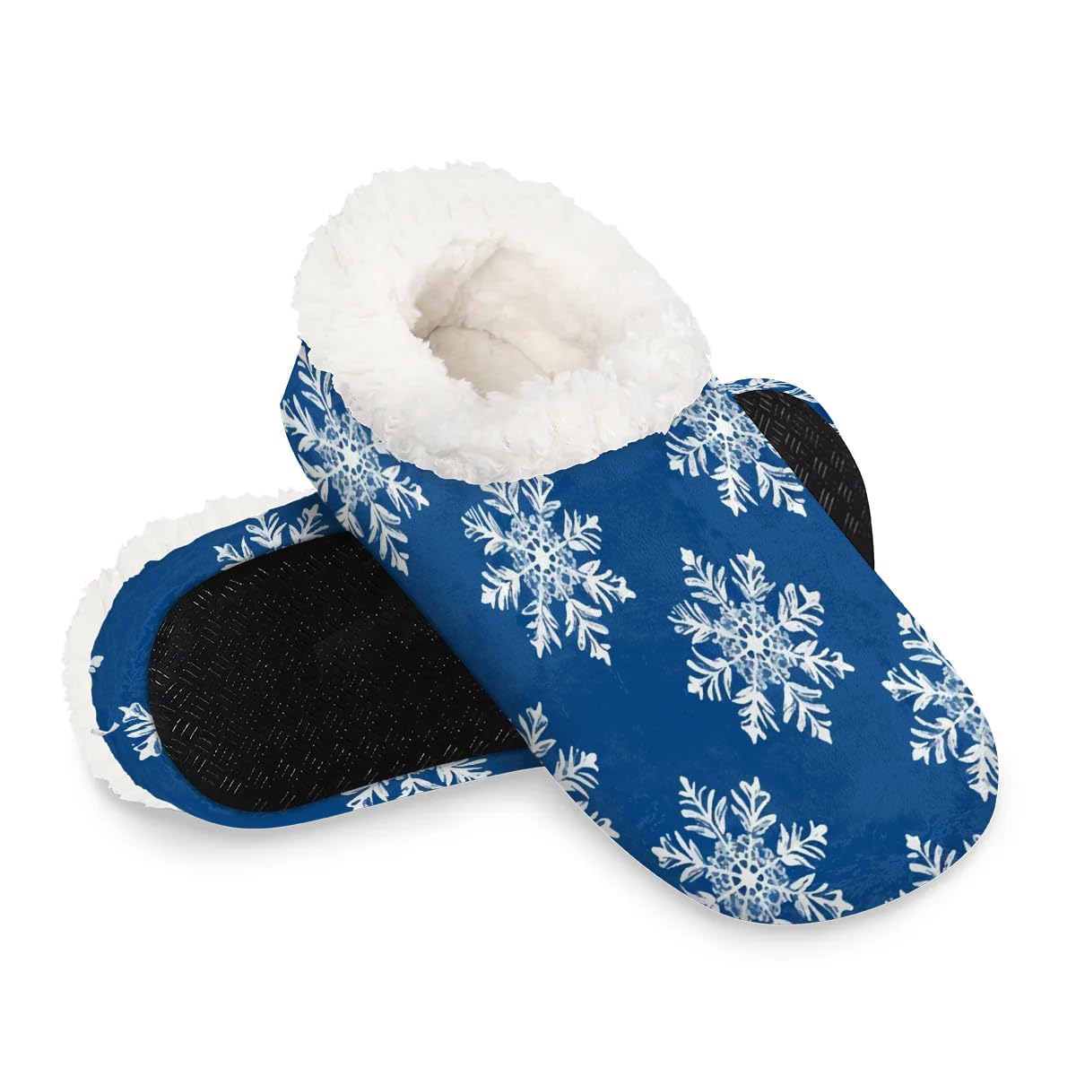 KOBLEN Blue Snowflakes Slippers for Women House Shoes with Fleece Lining Wide Comfy Full Slippers Lightweight Cozy Loafer with Rubber Sole Unisex