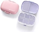 Travel Pill Organizer Box, 8 Compartments Moisture Proof Small Pill Case for Pocket Purse Daily Pill Holder Container for Medicine Vitamin (Purple, Pink, 2 Pcs)