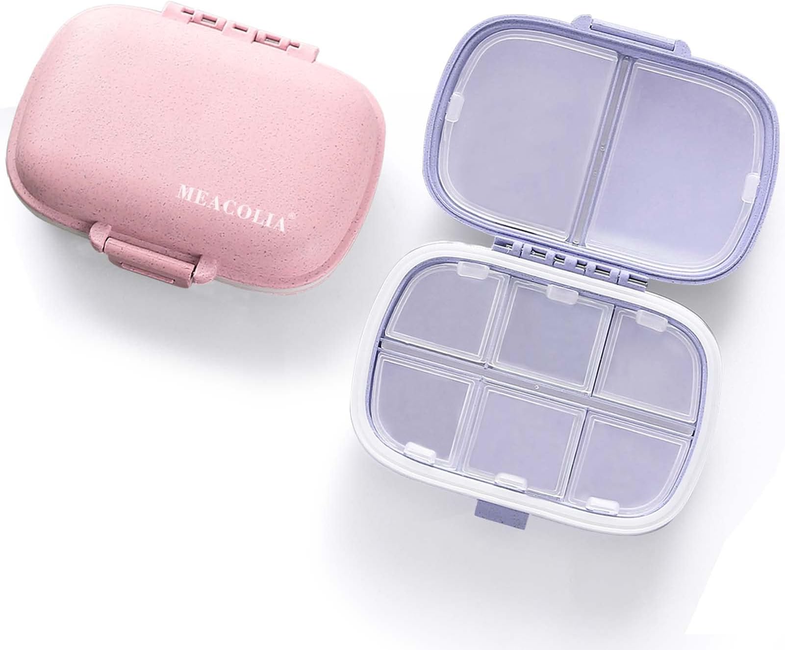 MEACOLIA2 Pack 8 Compartments Travel Pill Organizer Box Moisture Proof Small Pill Case for Pocket Purse Daily Pill Holder Container for Medicine Vitamin (Purple & Pink)