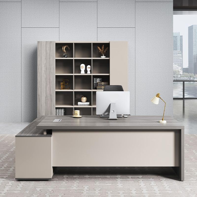 Image of Lakdi The Furniture Co Director & Boss L-Shape Office Table Luxury Executive Desk Made in Particle Board with Wire Manager 3 Drawers Lockable and Storage for a Modern Workspace - Beige Grey - LDL-609