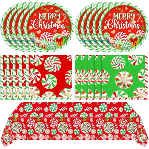Image of 41 Pcs Peppermint Party Tableware Set Include Christmas Candy Cane Paper Plates Napkins and Plastic Tablecloth Red Green Christmas Candy Winter Party Decor for Holiday Xmas