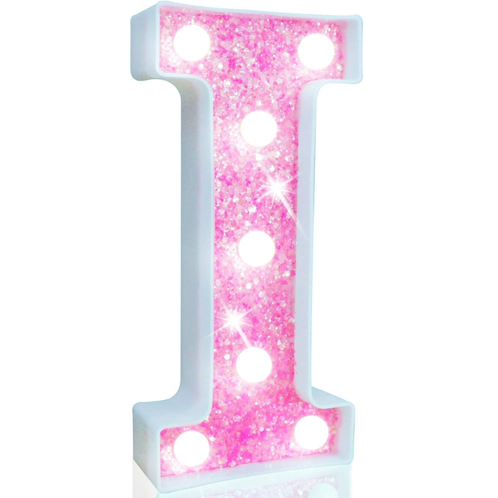 Pooqla LED Marquee Letter Lights, Light Up Letters for Birthday Decorations, Glitter Letter Sign Battery Powered Night Light Pink Party Wedding Christmas Girls Gift Bedroom Dorm Decor, Cool White I