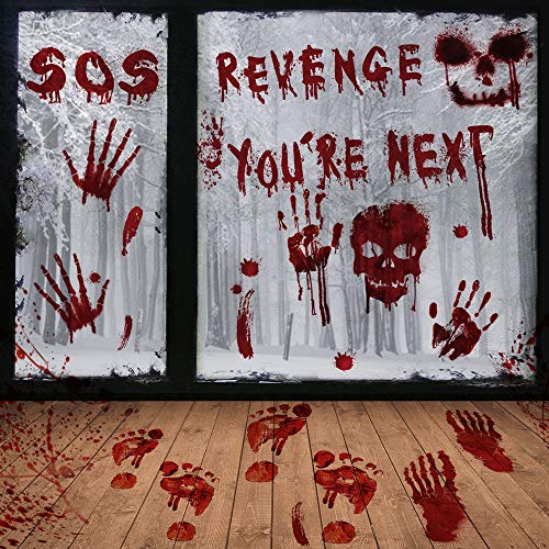 48PCS Halloween Party Decorations Indoor,Halloween Window Stickers Decals Halloween Bloody Handprints/Footprints Floor For Halloween Party Supplies,Zombie Party Decorations