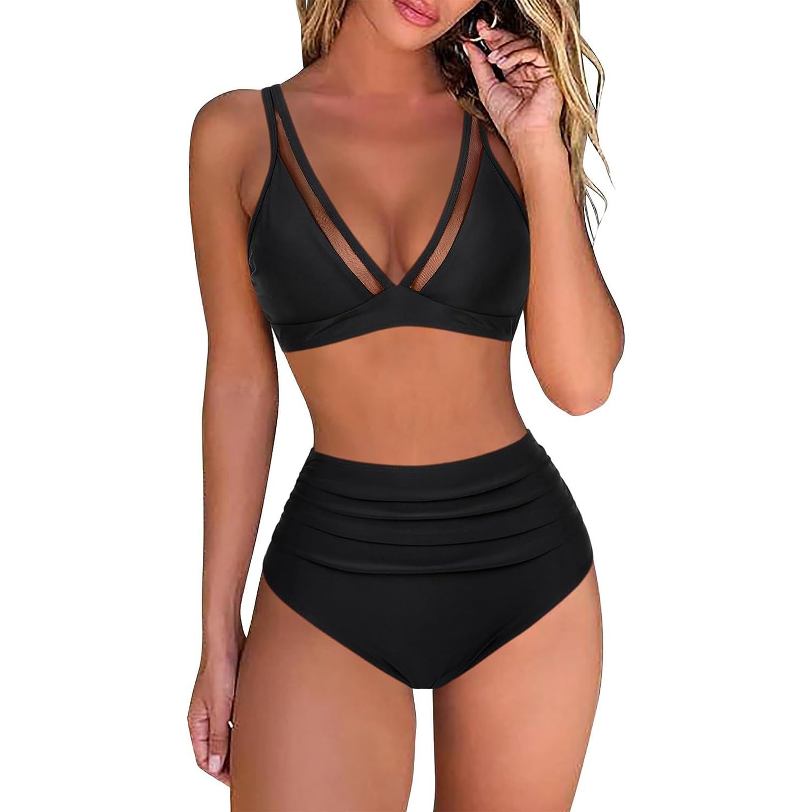 Bcenoilua Bikinis Mujer Traje de Baño Mesh Push Up Cintura Alta Reductor Bañador Sexy Bikini de Playa Cintura Alta Bañador Conjuntos de Bikinis Cintura Alta de Playa Verano