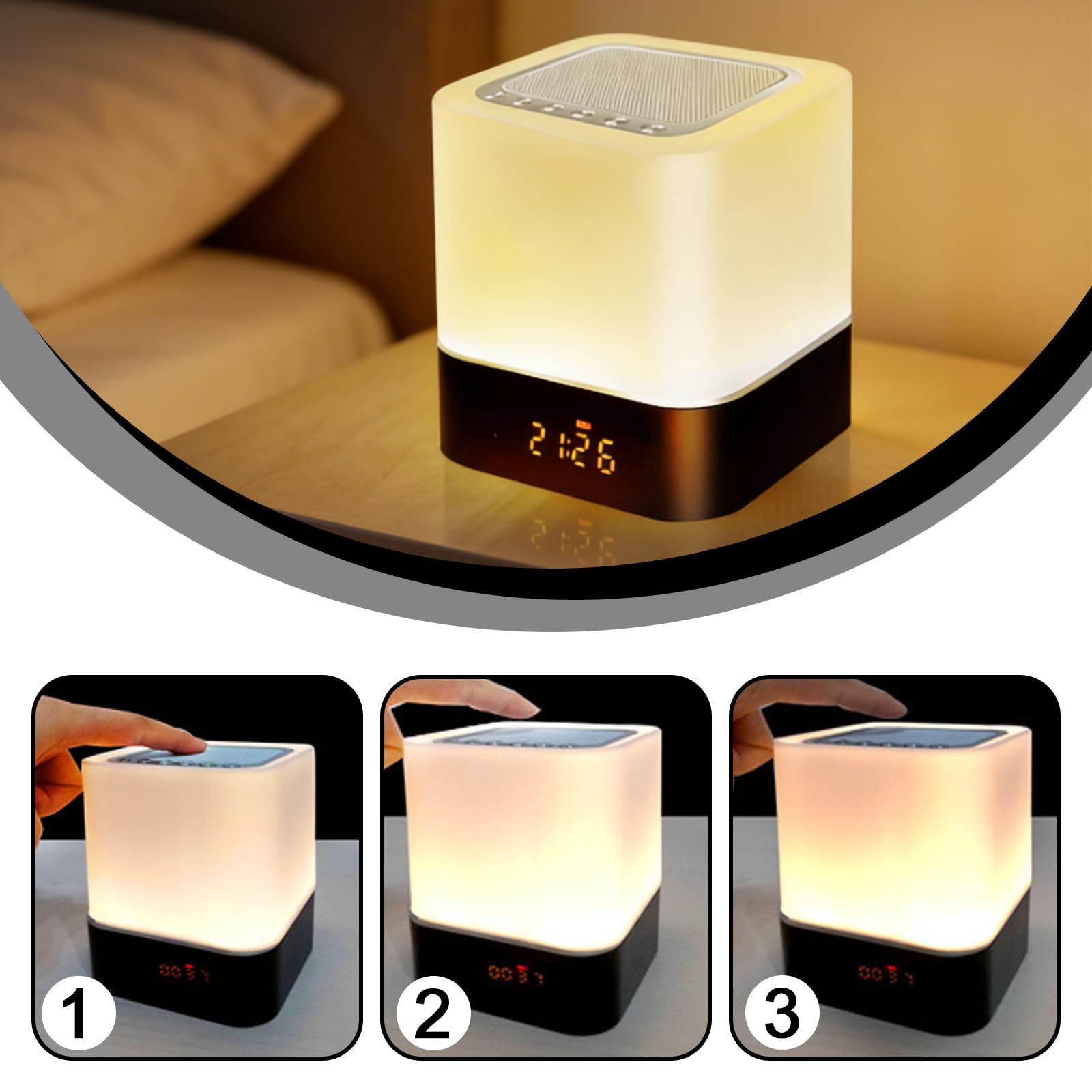 BORDEAG Altoparlante Bluetooth Sveglia con Luce LED Touch, Lampada da Comodino Dimmerabile, Lettore MP3