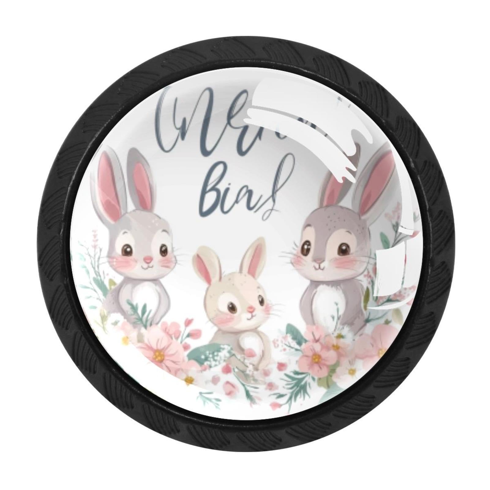 CHENZZZZ 4 Pack Bunnies with Flowers Kitchen Cabinet Knobs Drawer Knobs Dresser Knobs Matte Black Zinc Knobs Drawer Pulls Door Knobs Dresser Drawer Handles Knobs for Dresser Drawers