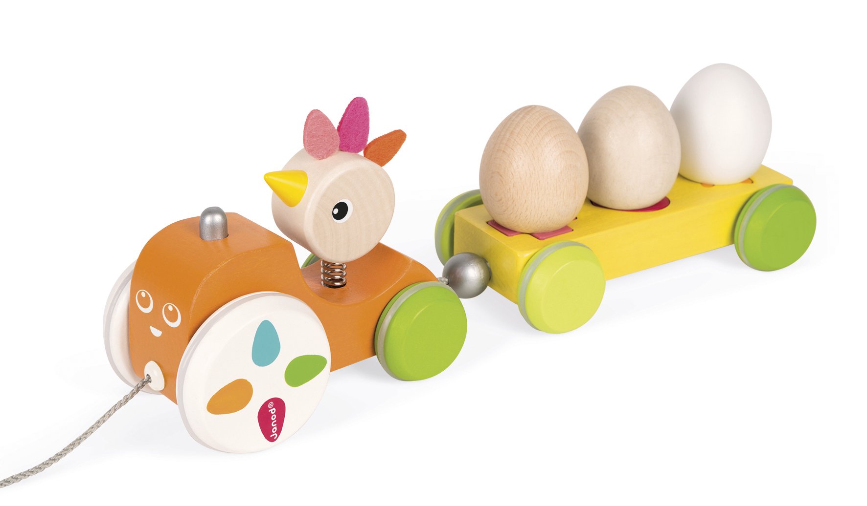 Janod Zigolos Pull Along Shape Sorter Tractor Hen Early Learning and Motor Skills Toy Made of FSC Certified Beech and Cherry Wood for Ages 12 Months+