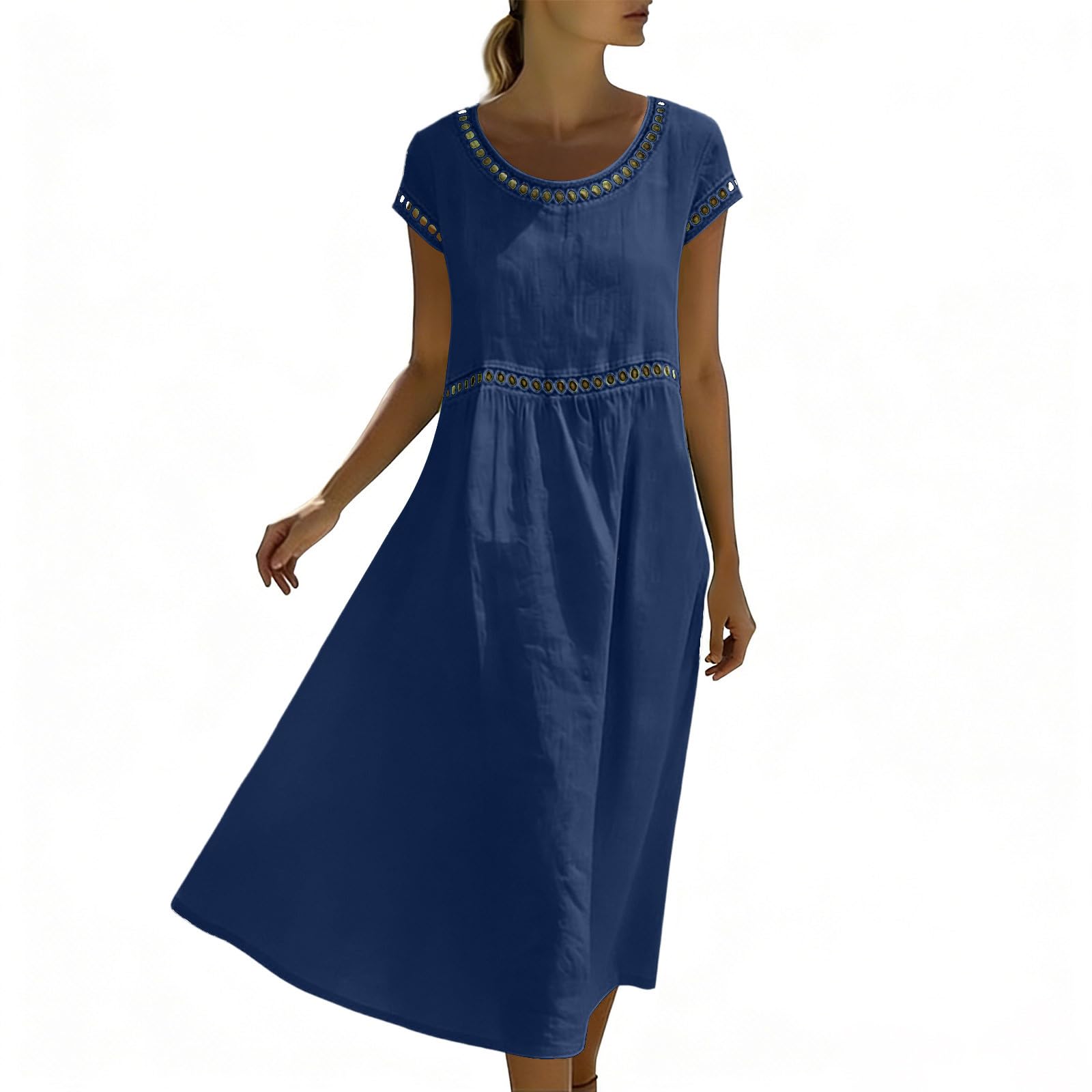 Générique Robe Femme Chic D'Été en Lin Coton Robe Ajourée Respirant Manches Courtes Col Rond Robes Tunique Decontractée Casual Dress Droite Robes de Soiree Plage Confort Léger Dress