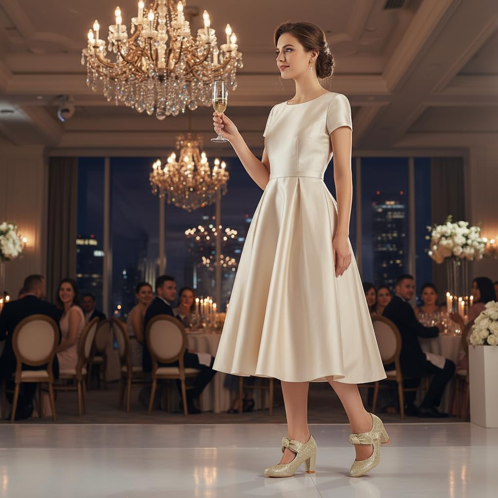 Glitter Mary Jane Pumps for Women, Sparkly Chunky Heels with Bow, Comfortable Gold Dress Shoes for Wedding Party Gold 8.5 - Image 3