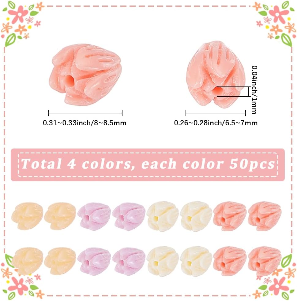 200Pcs 7x9mm 4 Colors Pikake Flower Beads Jasmin Flower Beads Summer Pink Artificial Synthetic Coral Carved Florals Jasmine Loose Spacers for Jewelry Making Necklace Bracelet Craft Adults