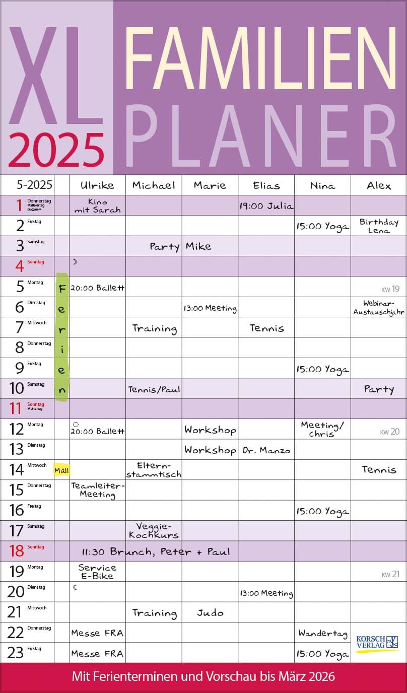 Agenda familiar XL 2025: calendario familiar con 6 columnas anchas. Temporizador familiar de alta calidad con fechas de vacaciones, columna adicional, vista previa hasta marzo de 2026 e información
