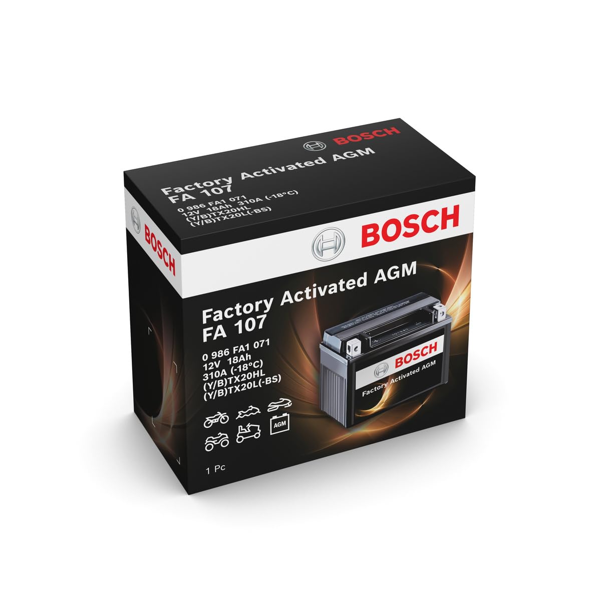 Bosch FA107 - Batería para Motocicletas AGM - 12V 310A 18Ah - Adecuada para motocicletas, motos de enduro, scooters, quads, motos de agua - Compatible M6023, BTX20HL, BTX20L-BS, BTX20L