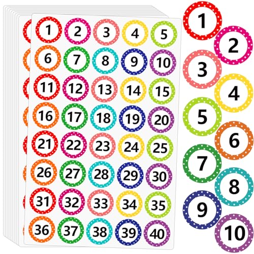 1 Inch Number Stickers for Classroom 1-40, 12 Sheets Dot Consecutive Number Labels, Colored Numbers Decals, Inventory Sticker, Dot Stickers for Office, Storage, Indoor, Boxes (10 Colors)