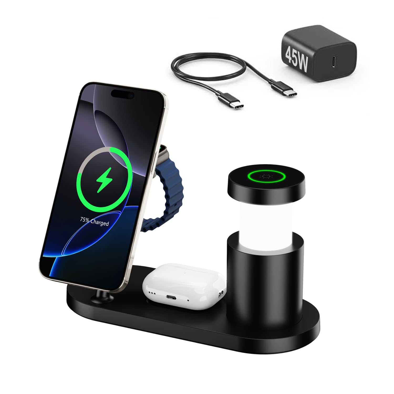 Estación de carga para reloj y iPhone, cargador inalámbrico Qi2 con carga rápida de 25 W máxima