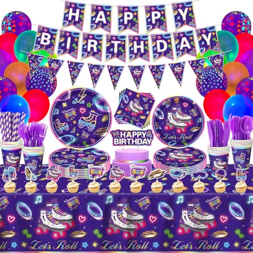 Paquete de 158 suministros de fiesta de patinaje sobre ruedas, decoración de cumpleaños, patinaje sobre ruedas, fiesta de cumpleaños, juego de vajilla Let's Roll, paquetes de vajilla para 20 unidades