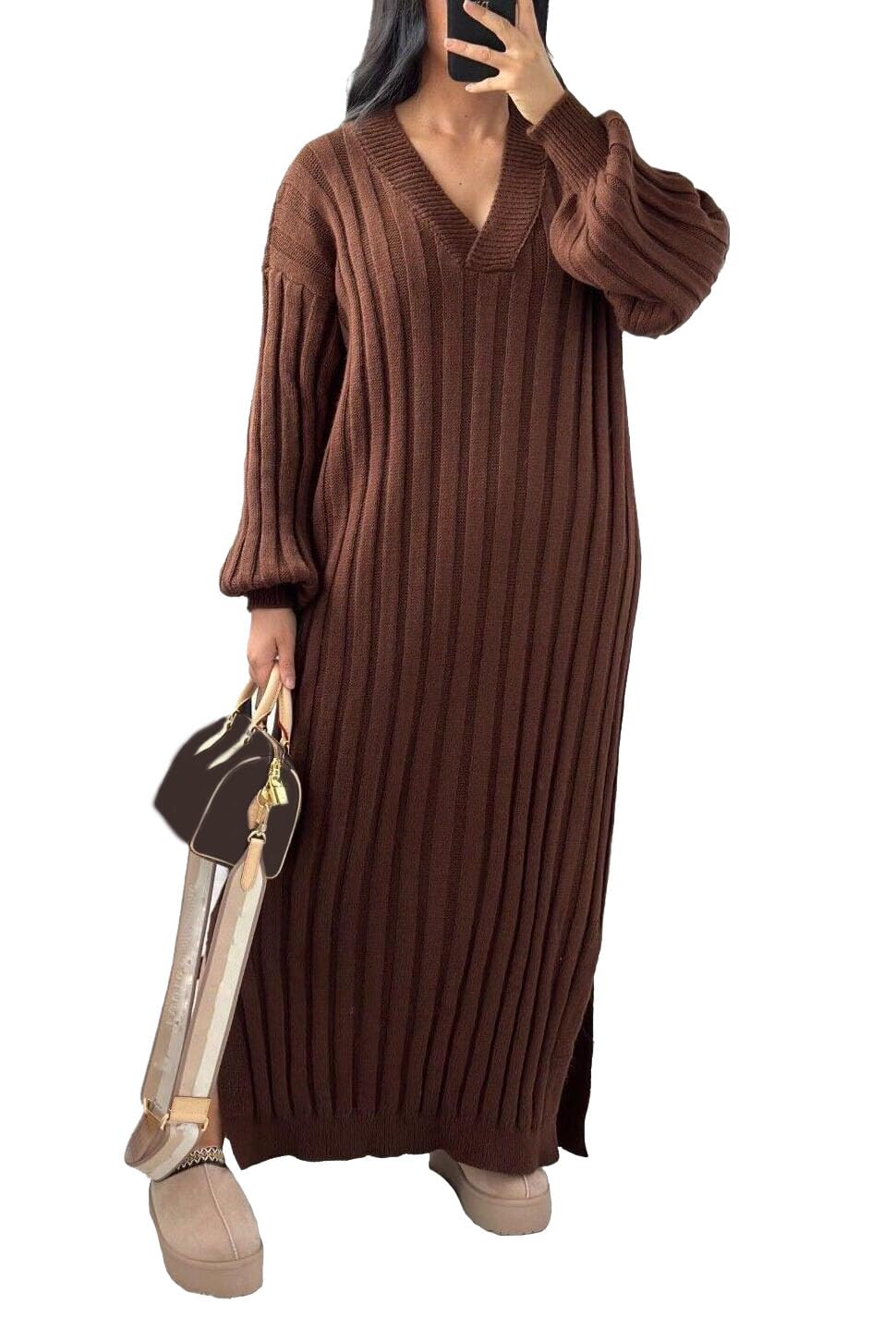StyleWear Ladies Casual Wear V-Neck Rib Knitted Pullover Side Split Long Jumper Dress Womens Ribbed Knit Long Balloon Sleeve Sides Slit Maxi Dress Brown