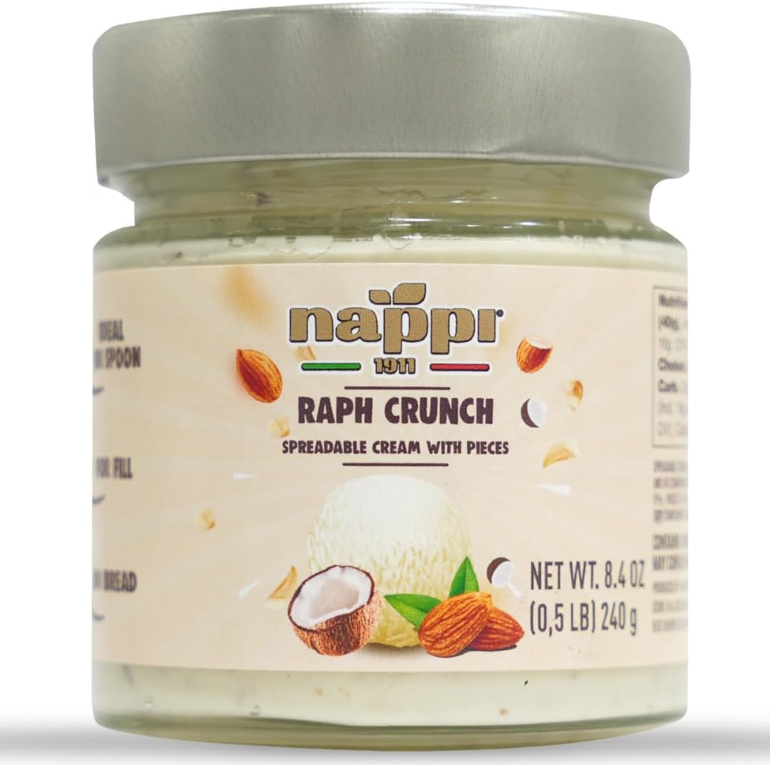 Raph Crunch, Spreadable Crunchy White Chocolate, Coconut, and Almond Spread, 8.4 oz (240g), Contains Sweet Coconut Pieces, Roasted Almond Flakes, and Crunchy Wafer Pieces, Spreadable, Creamy Topping, Desserts, Product of Italy, Nappi 1911