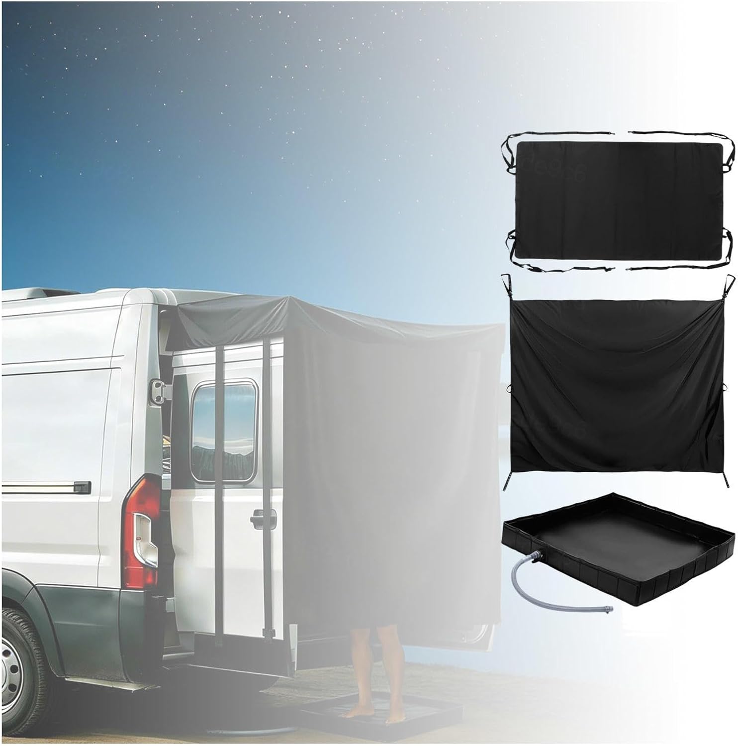 Truck Camping Accessories Three-Piece Set, Includes Car Awning, Camping Shower Curtain, Camping Shower Mat, Easy Setup for Car RV Rear Door