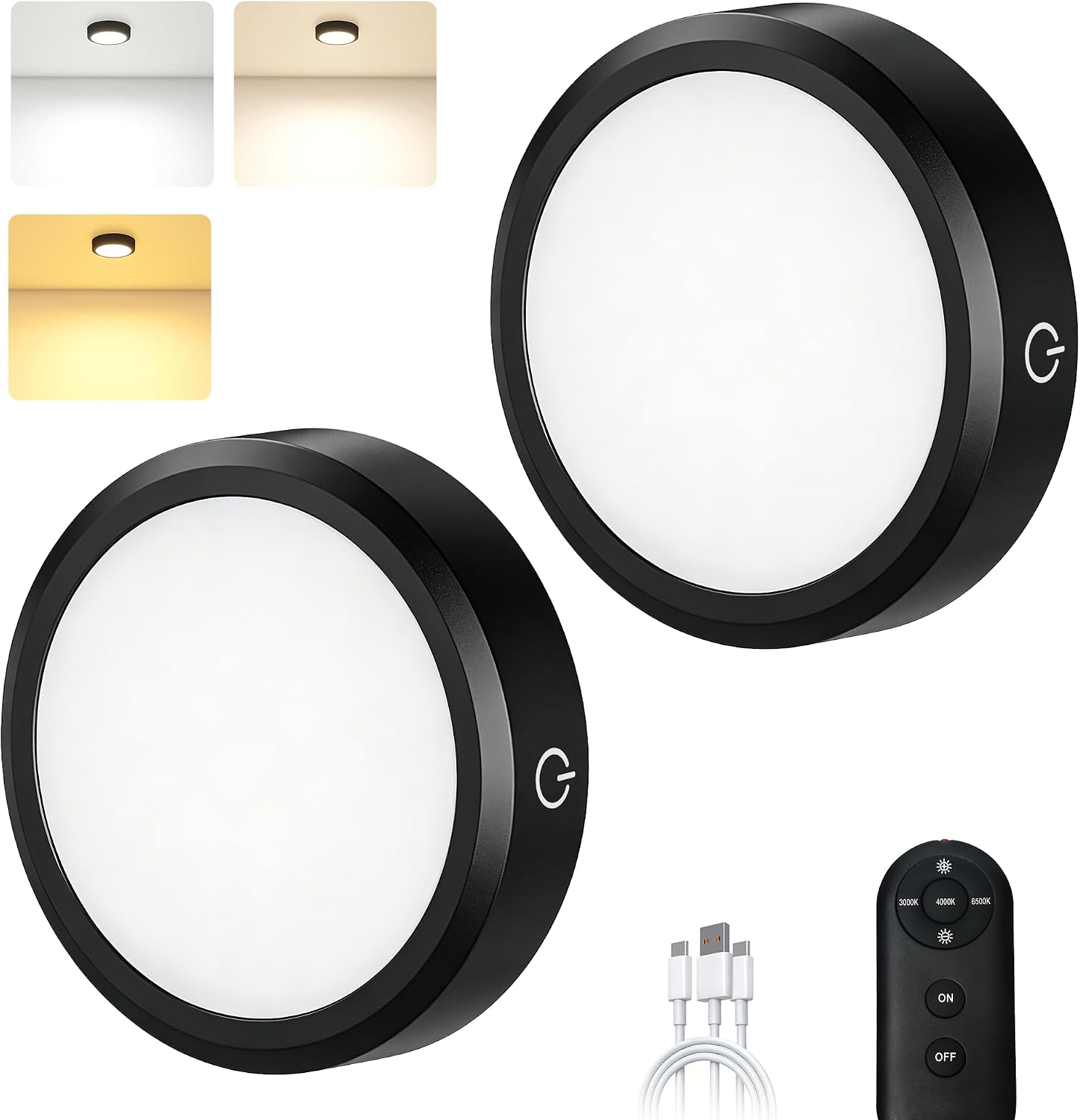 Puck Lights with Remote Control Rechargeable, Full-Screen Wireless LED Under Cabinet Lighting with Light Guide Plate,3 Color Dimmable Stick On Tap Lights for Kitchen,Counter,Closet,Shelf, 2PCS,Black