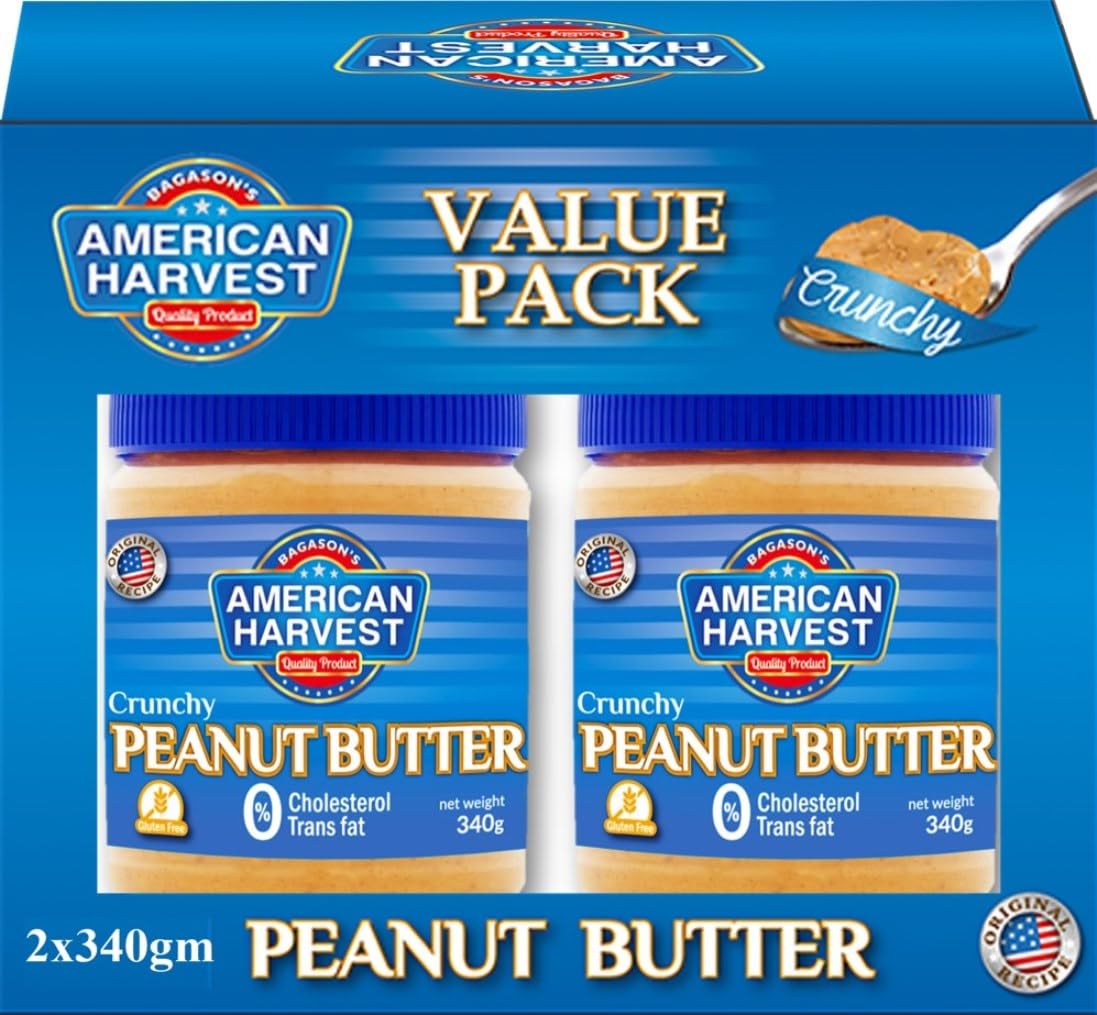 American Harvest Peanut Butter Crunchy Classic 340g Pack of 2| Zero Trans Fat | Zero Cholesterol | Gluten Free
