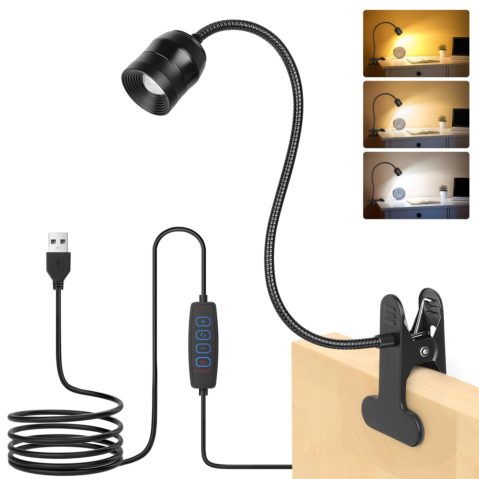 iTayga Clip on Light - Book Reading Light for Bed with 3 Color Modes & 10 Brightness & 15°- 80° Adjustable Light Angle, 360° Gooseneck USB LED Desk Lamp with Clamp Suitable for Study/Headboard/Dorm