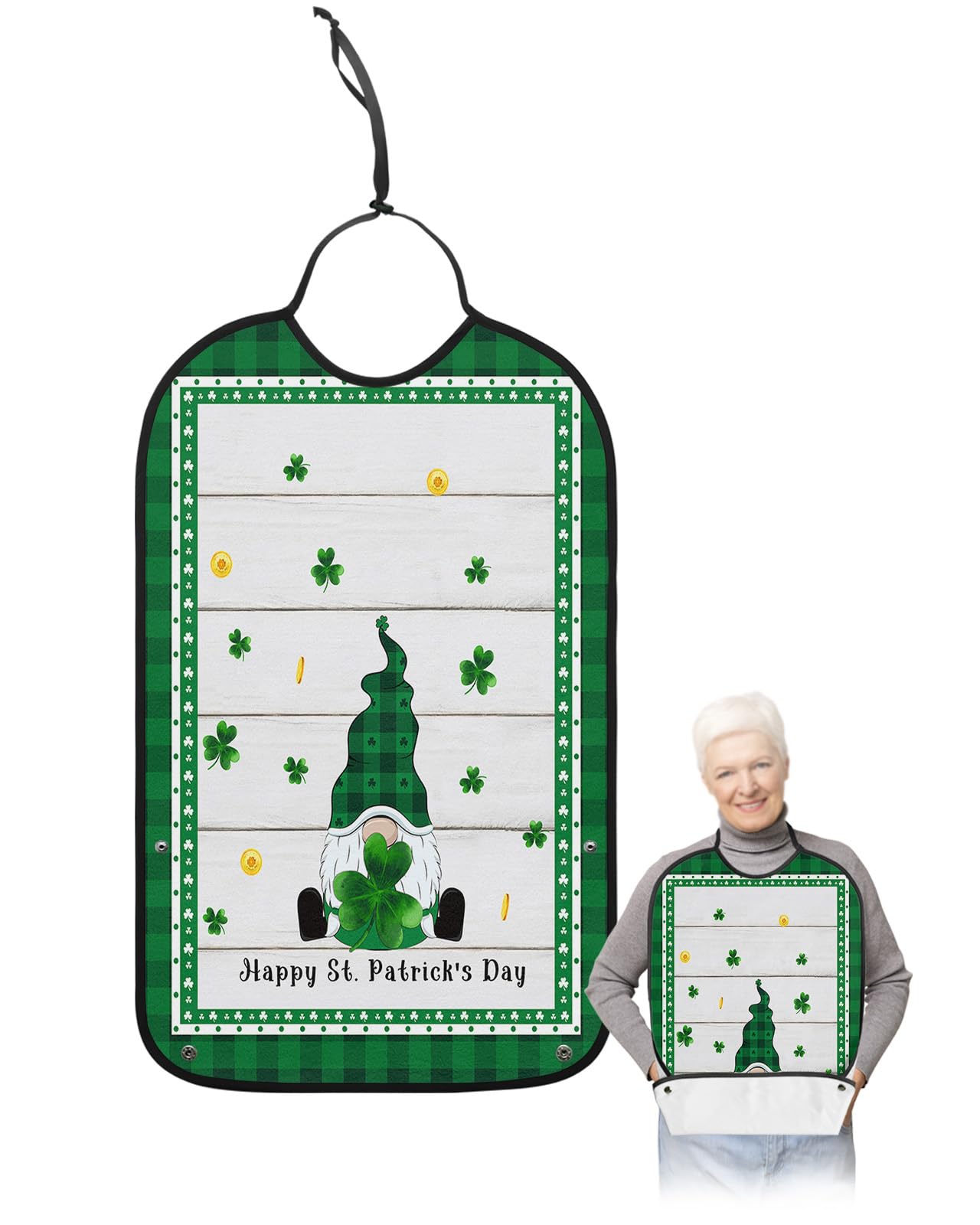 St. Patrick's Day Adult Bibs for Eating, Waterproof Bibs with Food Catcher & Adjustable Snap Closure, Green Buffalo Plaid Board Gnomes Clover Gold on Wood Clothing Protectors Adult Bibs for Elderly