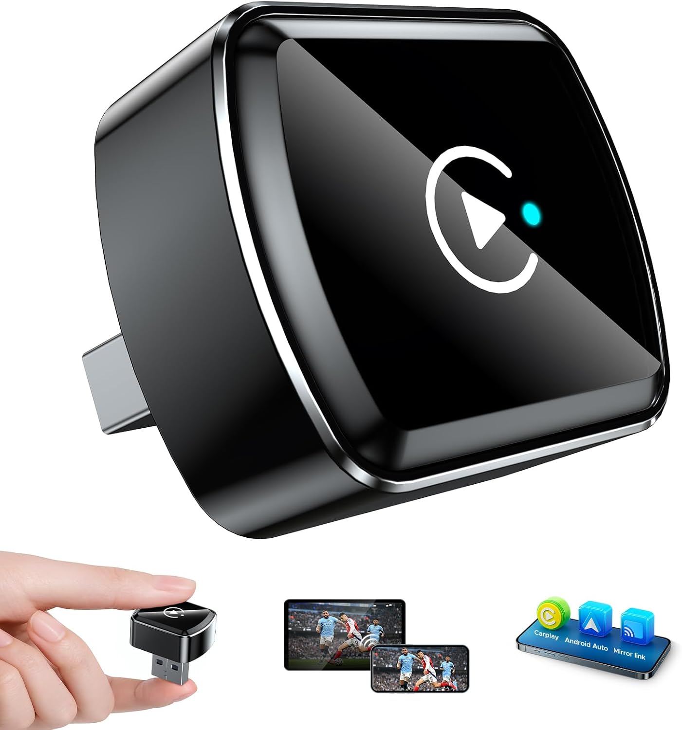 LAMTTO 4 in 1 Mirror Link Wireless Android Car Carplay Adapter for CarPlay Cable with Ultra Mini, USB-C/A, Plug and Play, WiFi Dual Bluetooth 5.0 Latency-Free Compatible with iOS 10+/Android 11+C