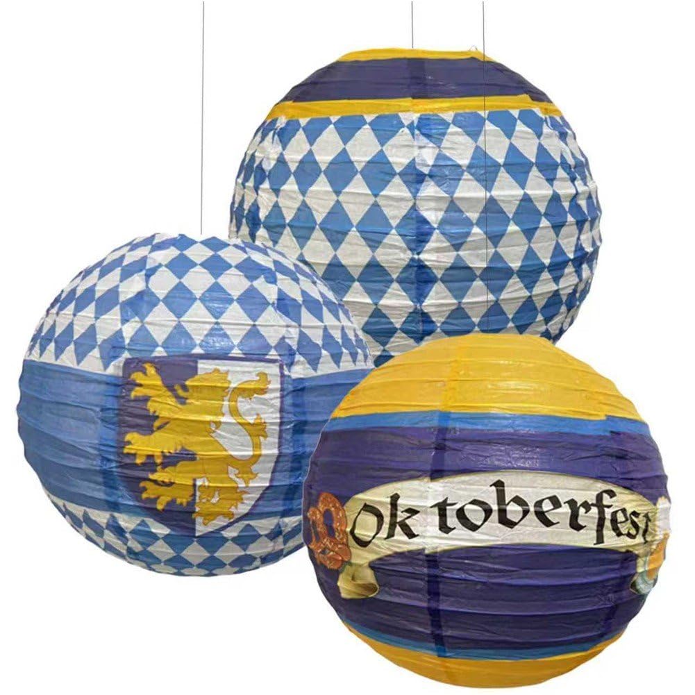 Fituenly 3pcs Oktoberfest Paper Lanterns – Beer Hanging Round Paper Lanterns for Oktoberfest Party Decorations, Indoor & Outdoor Party Supplies