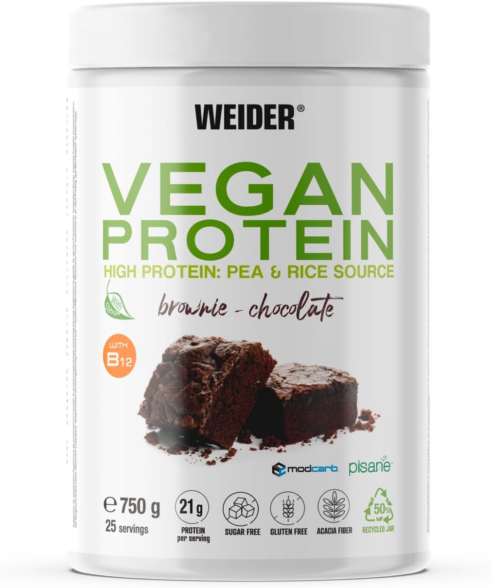 Weider Vegan Protein (750g) Brownie-Chocolate Flavour. 23g Protein/dose, Pea Isolate (Pisane) & Rice Protein. With Vitamin B12 & Stevia. Gluten Free, Sugar Free. Packaging 50% Recycled 100% Recyclable