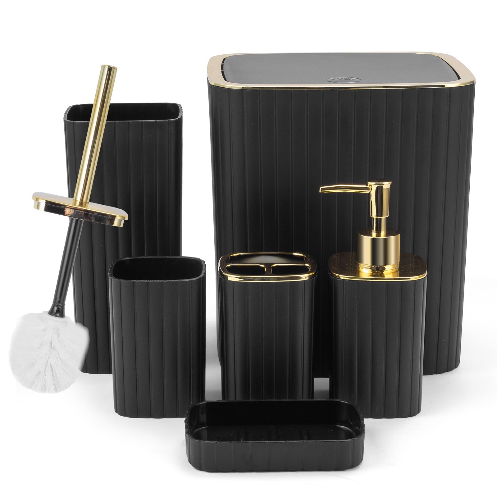 Décoration de salle de bain noire et dorée haut de gamme avec set d'accessoires complet