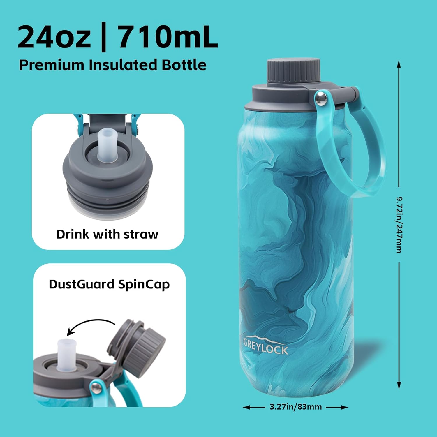 GREYLOCK 24 oz Insulated Water Bottle with Straw Lid, Leakproof Reusable Stainless Steel Vacuum Flask, 24hr Cold & Hot, Carry Handle & Silicone Spout, BPA-Free for Gym, Hiking, Travel,Blue - Image 7