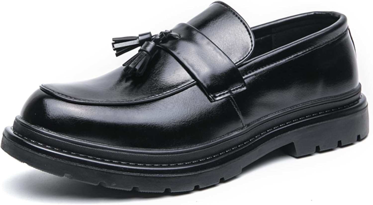 Men's Leather Chunky Platform Tassel Loafers Comfortable Round Toe Slip-On Dress Shoes with Non-Slip Lug Sole for Business Work & Daily Casual Wear Sizes 6-12