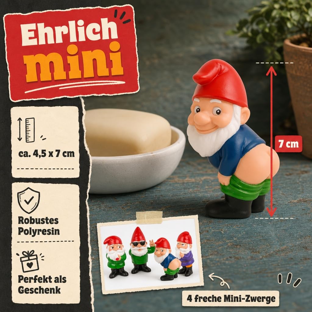 MIJOMA Zestaw bezczelnych krasnali ogrodowych – 4 mini krasnale z żywicy polimerowej ok. 4,5 x 7 cm – zabawne figurki dekoracyjne na biurko do roślin pokojowych, łazienki, na balkon, do biura