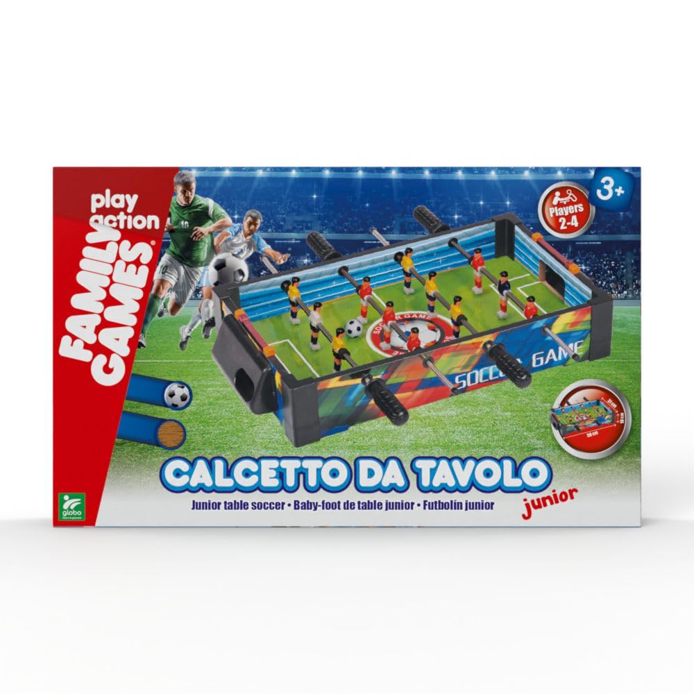 Calcetto da Tavolo in Legno - Dimensioni 51 x H 10 x 31 cm - 2 Aste con Manopola per lato - Ideale per 2 giocatoli - Portatile - Calcetto Bambini 3 anni - Globo Giocattoli - Family Games 42181