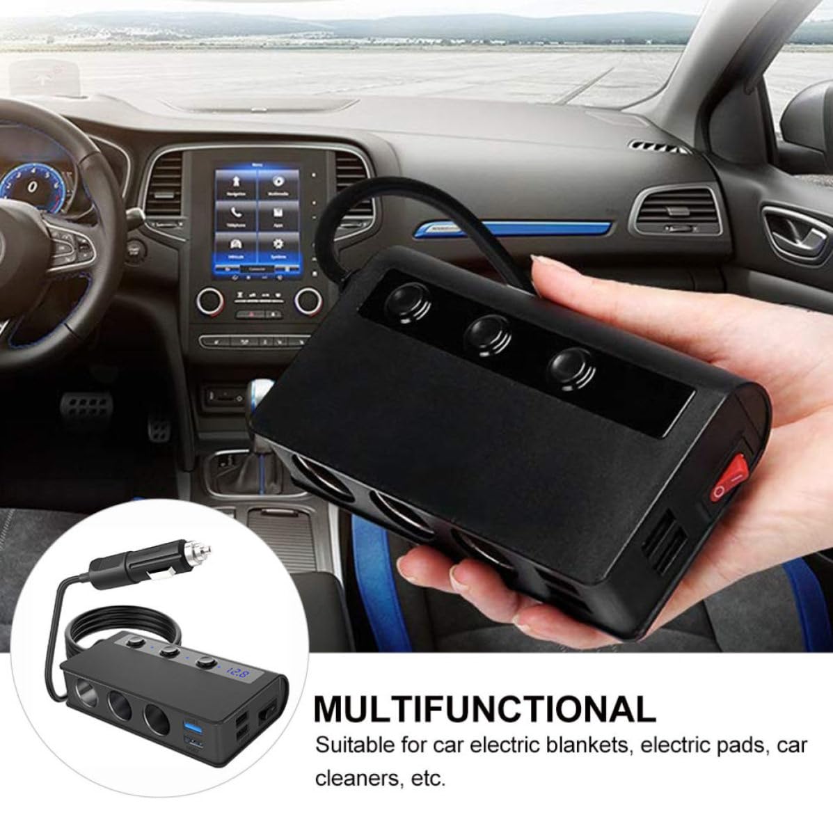 Toddmomy Adaptador Divisor para Encendedor de Cigarrillos para Coche, Cargador de Coche para Teléfono Móvil, 4 Puertos USB y 3 Enchufes, 180 W Máx., Pc, Negro, para Mantas y Almohadillas