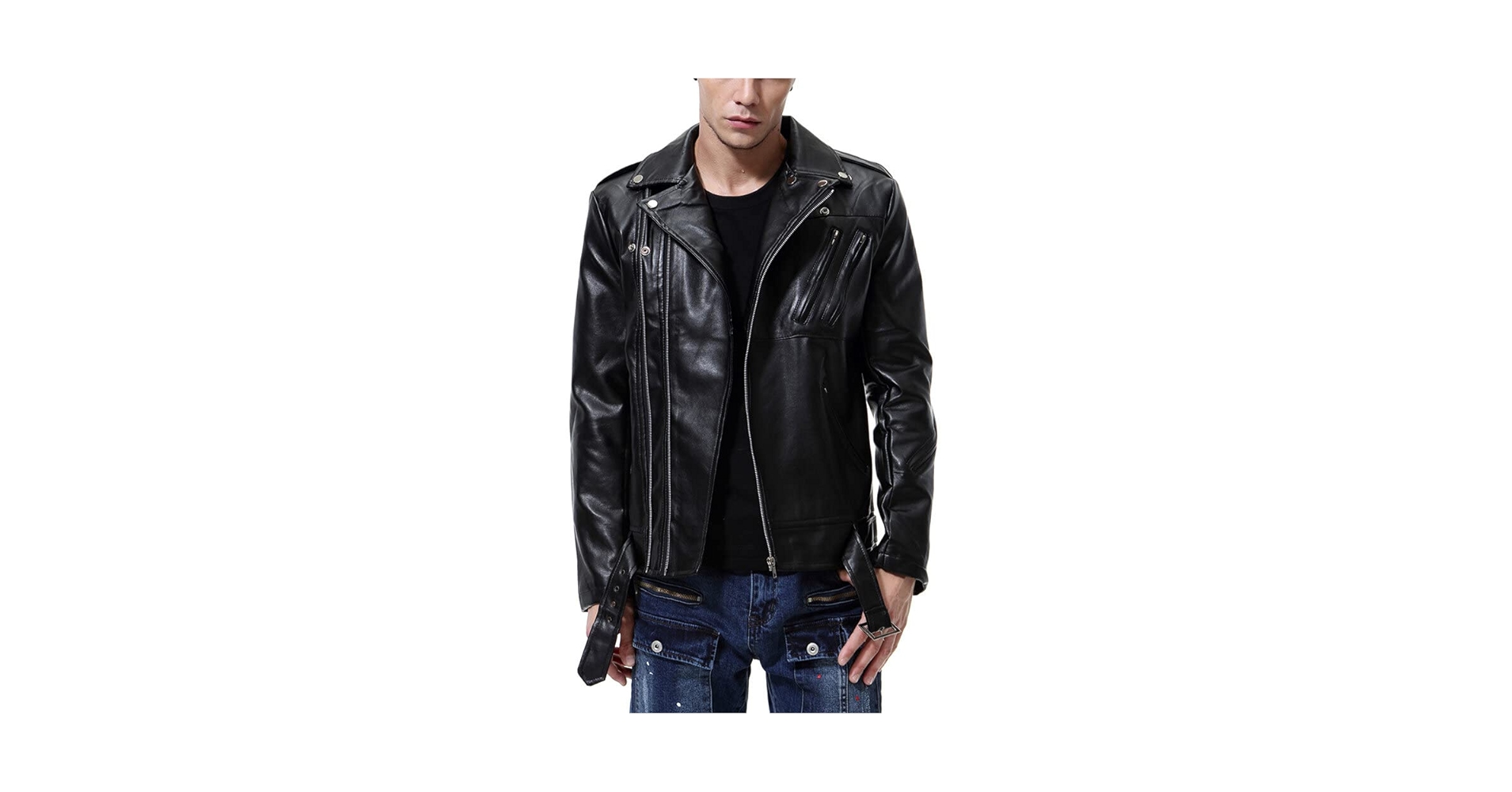AOWOFS Men's Faux Leather Jacket Double Belt Punk Motorcycle