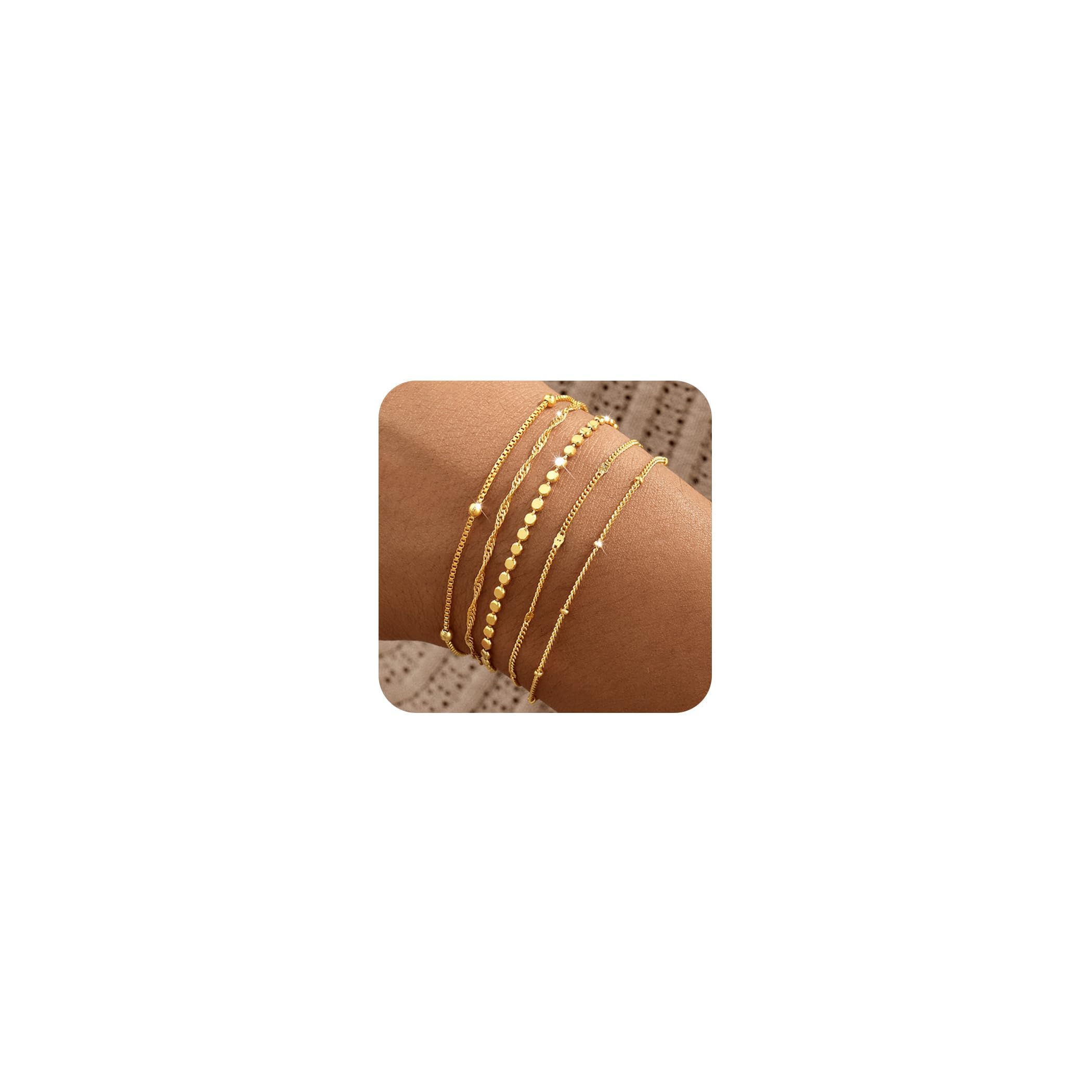 Gold Bracelets for Women, 14K Gold Plated Stackable Bracelet Stack Set Adjustable Charm Paperclip Chain Snake Link Layered Waterproof Jewelry Sets Gifts