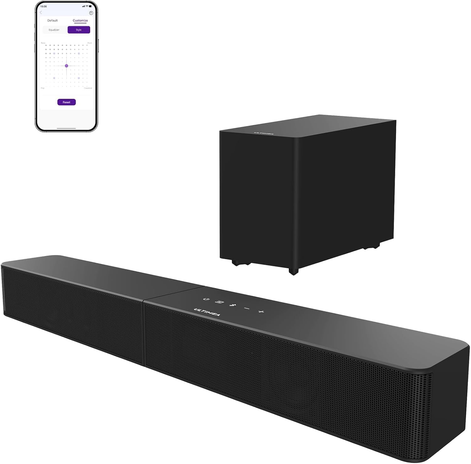 ULTIMEA Barra de Sonido 2.1 con Subwoofer Inalámbrico, Control por App, VoiceMX y BassMX, 240W Potencia Máxima para Smart TV,Óptico,HDMI, Bluetooth 6.0, Graves Ajustables, Poseidon M30(Modelo 2026)