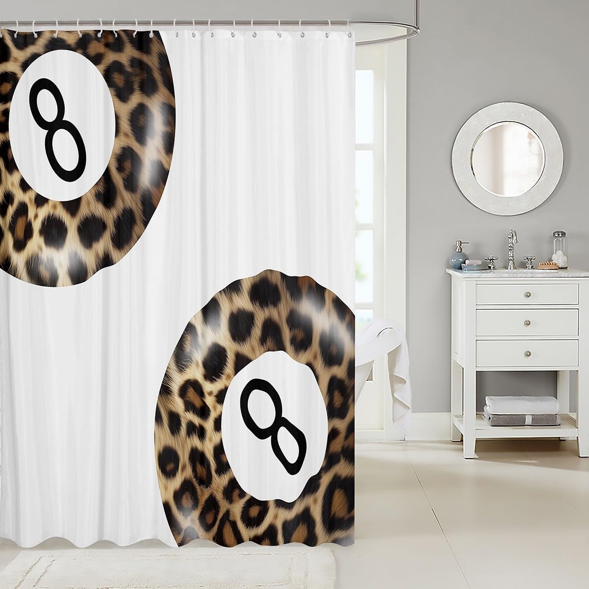 Aesthetic Leopard Kids Shower Curtains,Art Funky Lucky 8 Ball Chic Bathroom Curtain,Fashion Modern Y2K Home Decor,Brown White Waterproof Curtains,12 Hooks Suits,72" W x 78" L