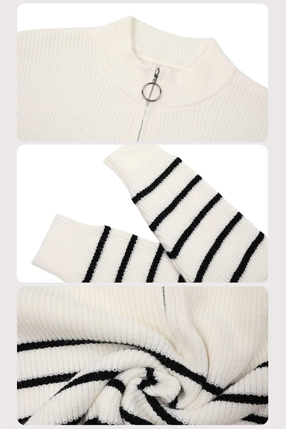 Womens Half Zip Sweater Pullover Fall Winter Long Sleeve Stripe Solid Zipper Sweatshirt Stand Collar Knit Top - Image 7