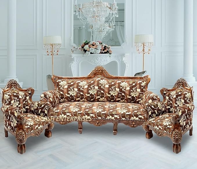 Image of Luxury Antique Sofa Set in a Classic Living Room Setting Solid Teak Wooden Five Seater Sofa Set with Cushion for Living Room | Honey Brown Finish | 208D x 76W x 119H cm (Design7)