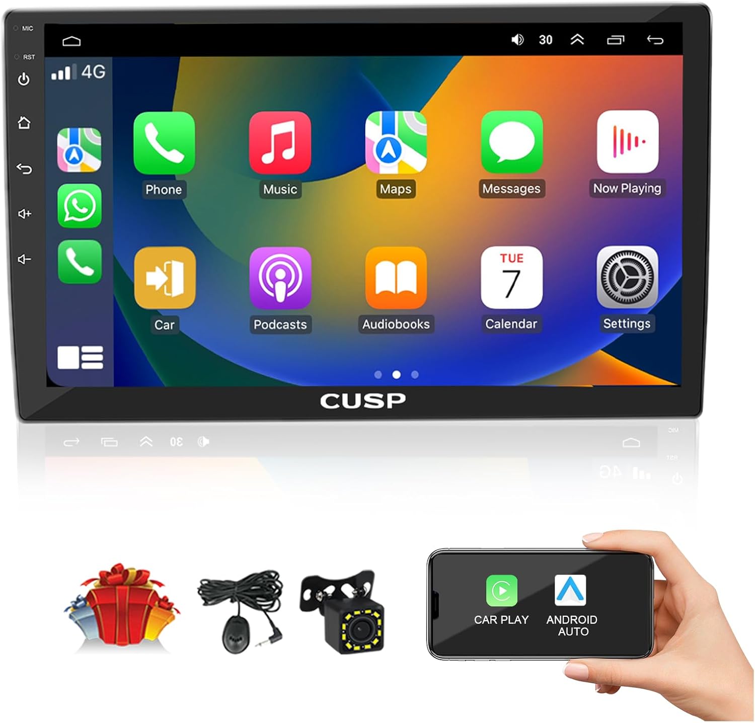 CUSP 10.1 Inch Car Stereo Radio Universal Double Din Wireless Apple Car Play & Android Auto in-Dash Kit GPS Bluetooth Multimedia Player Head Unit (10.1 Inch 4G+64G+Car Play & Android Auto)