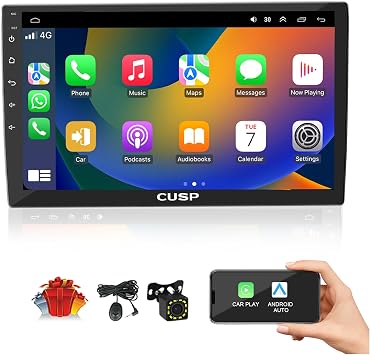 CUSP 10.1 Inch Double Din Car Stereo Radio, Android Head Unit with Wireless CarPlay & Android Auto, 4GB RAM 64GB ROM Touch Screen Car Radio with GPS Navigation,Bluetooth,WiFi,DSP,SWC,Backup Camera