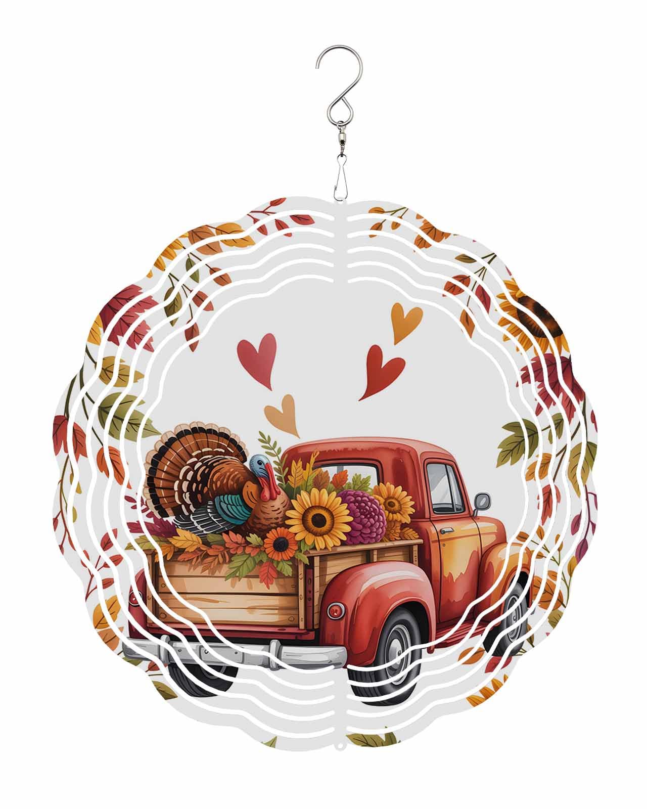 Autumn Wind Spinners, Fall Truck Turkey Love Heart Hanging Wind Spinners for Yard and Garden 3D Stainless Steel Metal Sculptures Crafts Ornaments 12 Inch